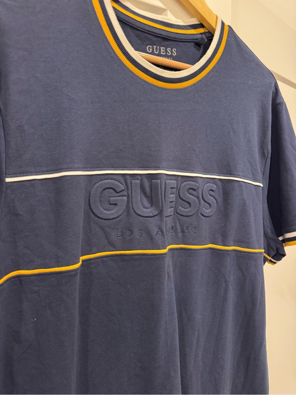GUESS Men's Navy Logo Tee with Yellow Trim Retro Throwback - Picture 2 of 9